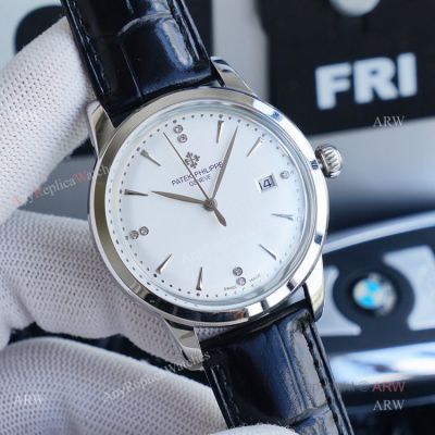 New Patek Philippe Geneve Copy Watches - White Dial Black Leather Strap